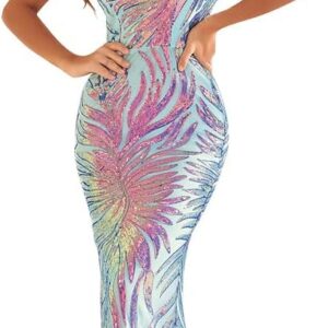 Giffniseti Women's One Shoulder Holographic Sequin Dresses Evening Gown Formal Prom Maxi Dress