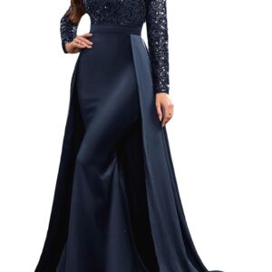Madam Uniq Women Long Sleeve Round Neck Sequin Elegant Evening Gown Satin Maxi 1920s Formal Cocktail Party Dress