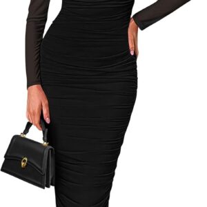 PRETTYGARDEN Fall Wedding Guest Dresses for Women 2025 Ruched Bodycon Midi Long Sleeve Formal Cocktail Dress