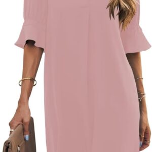 Wkior Shift Dress for Women V Neck Short Sleeves Solid Color Casual Flowy Summer Dresses(S-2XL)