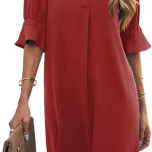 Wkior Shift Dress for Women V Neck Short Sleeves Solid Color Casual Flowy Summer Dresses(S-2XL)